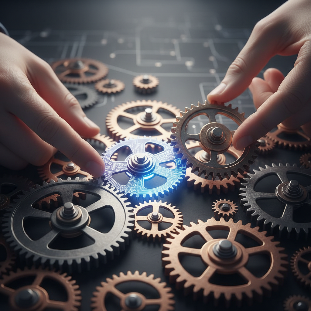 A close-up, abstract photo of hands carefully placing gears into a larger, intricate mechanism, symbolizing the careful integration of AI. The gears are various sizes, some representing AI, others representing traditional business processes. The lighting is soft and focused, creating a sense of precision and thoughtful construction. The mood is calm and strategic.