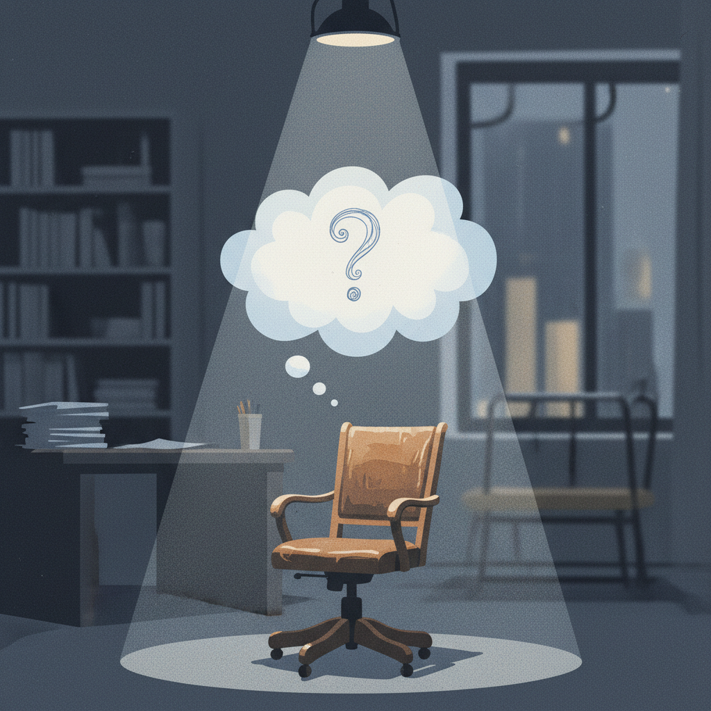 A spotlight on a thought bubble over an empty chair, representing introspection about hiring motivations.