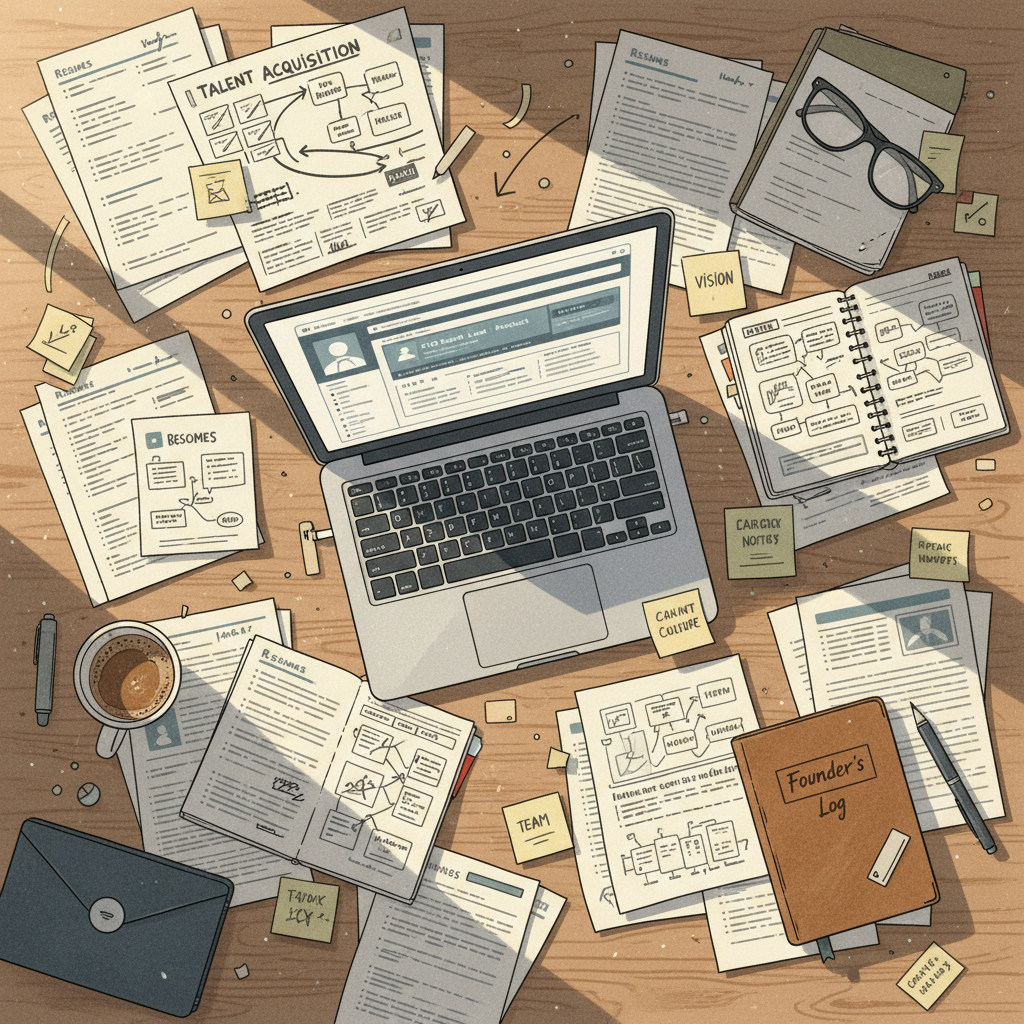 Overhead shot of a desk with hiring documents and a laptop, symbolizing a founder's strategic recruitment.