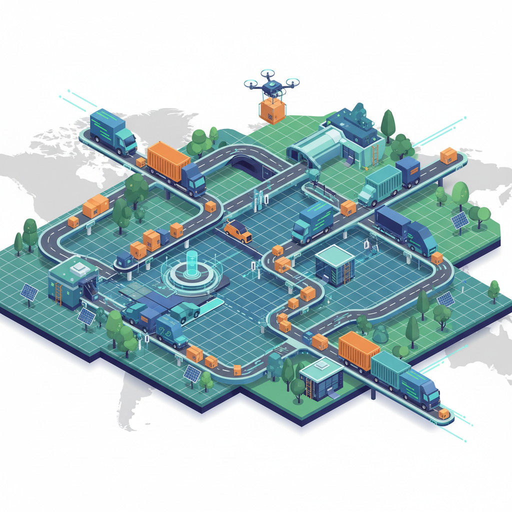 A stylised, isometric illustration of a complex logistics network with various delivery vehicles (vans, trucks, drones) moving parcels along interconnected routes. The color palette is modern and clean, with a focus on blues, greens, and subtle oranges. The overall mood is efficient and sophisticated.