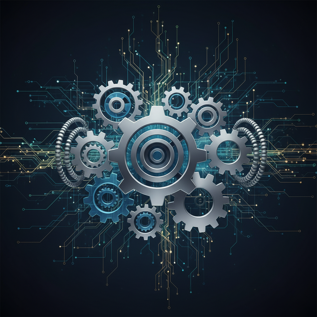 A conceptual image illustrating resilience and flexibility in a supply chain. Picture a series of interlocking gears, some easily replaceable, others acting as backups, against a backdrop of flowing data lines. The style is a sleek, editorial illustration with a stable, secure mood.