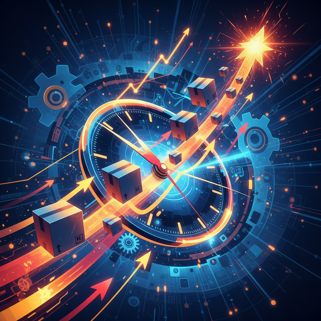 A dynamic, abstract illustration depicting the acceleration of time and increased efficiency. Clock hands are spinning rapidly, integrated with delivery boxes and upward-trending arrows, suggesting speed and increased conversion. The style is vibrant and energetic, with a sense of urgency and success.