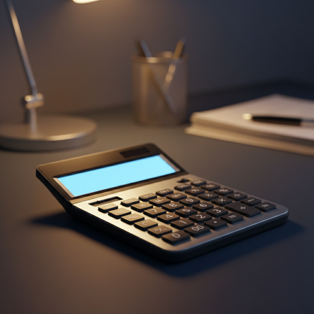 "Photograph of a calculator on a dark navy desk with a warm gold desk-lamp glow, the display screen glowing an unnaturally bright cool electric blue, shallow depth of field, no legible numbers on the display, no text, no faces."