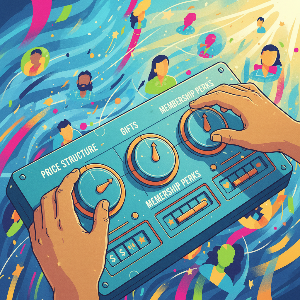 A vibrant, editorial illustration of hands adjusting various levers and dials on a control panel, labeled 'price structure,' 'gifts,' and 'membership perks.' The background is dynamic and shows a diverse group of abstract customer avatars. The overall mood is optimistic and inventive, with a bright and engaging color palette.