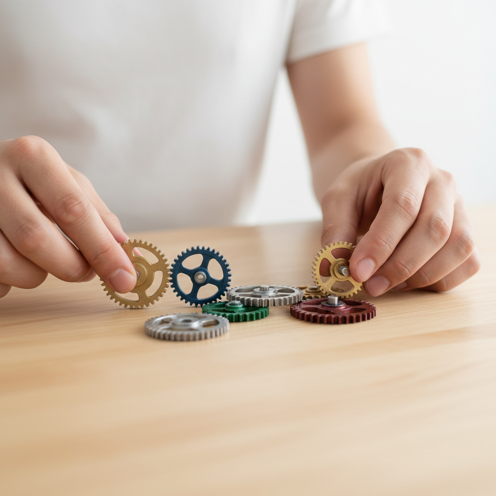 Hands meticulously fitting interlocking gears together on a workbench, symbolizing market fit optimization.