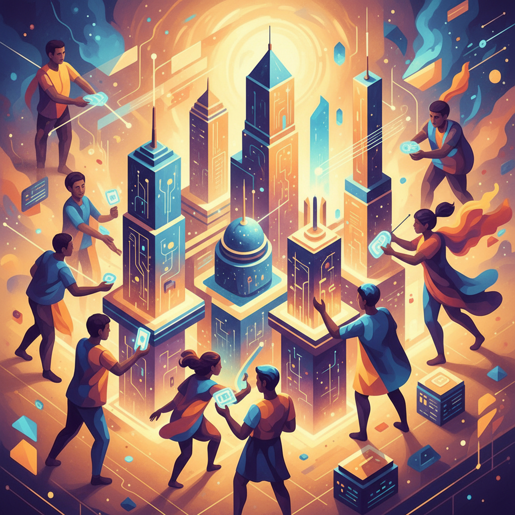 A vibrant, eye-level editorial illustration showing diverse abstract figures collaboratively constructing a stylized, glowing digital city. The mood is optimistic and dynamic, with warm lighting. Focus on the collaborative building process.