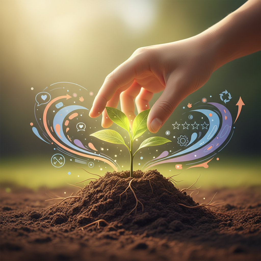 A warm, inviting editorial illustration showing a hand gently planting a small, glowing sapling into rich soil. Around the sapling, various abstract elements representing customer feedback and brand interaction subtly nourish its growth. Soft, natural lighting.