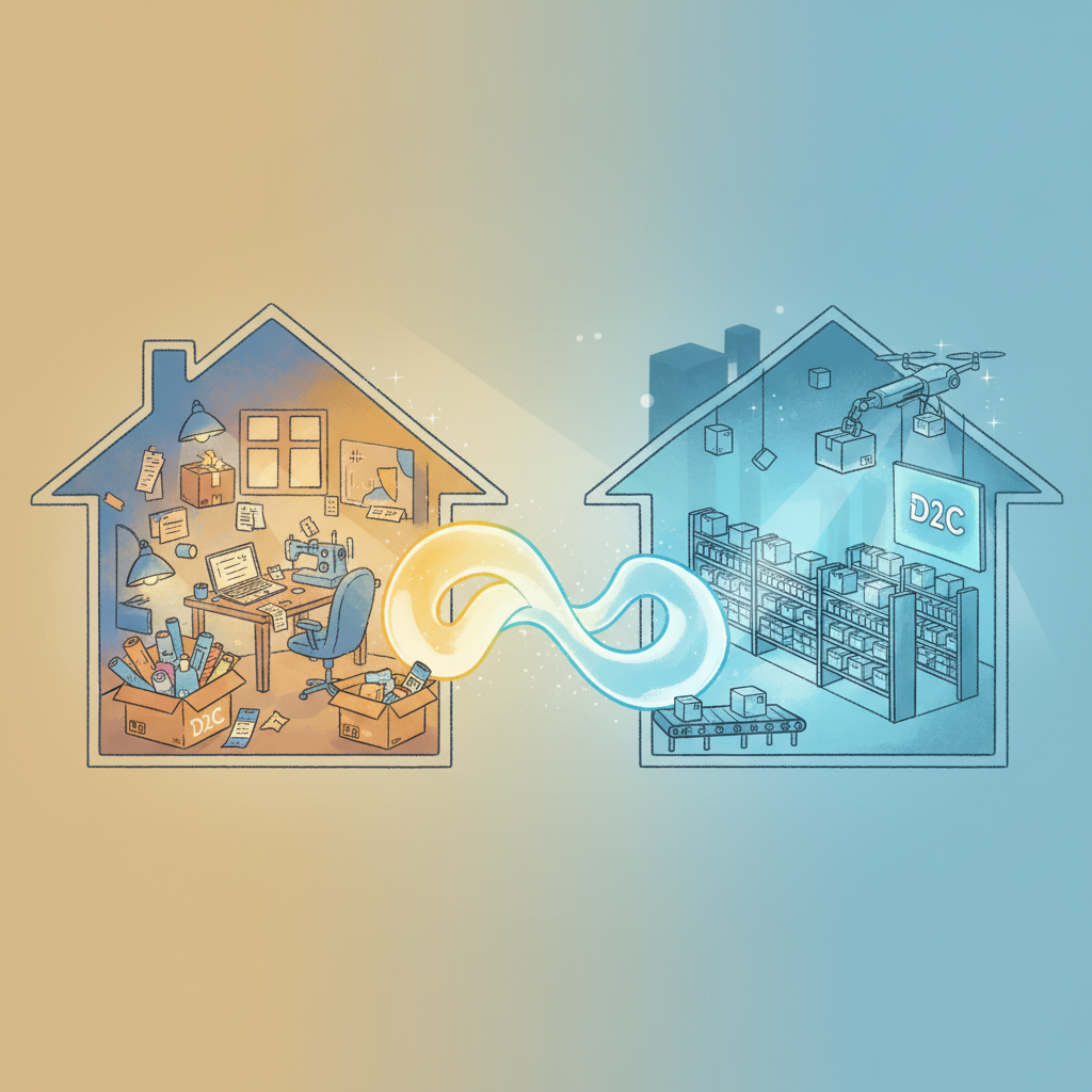 An evocative, conceptual image representing the transition of a direct-to-consumer (D2C) brand from a small, home-based operation to a scalable, professional logistics setup. Show a stylized, minimalist depiction of a cluttered home office or garage transforming into a streamlined, organized warehouse environment. Use a vibrant, optimistic color palette with soft, directional lighting. Editorial illustration style.