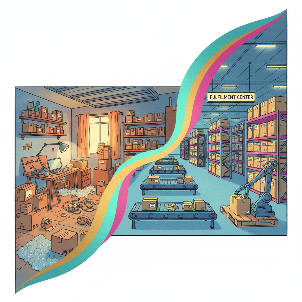 An evocative, conceptual image representing the transition of a direct-to-consumer (D2C) brand from a small, home-based operation to a scalable, professional logistics setup. Show a stylized, minimalist depiction of a cluttered home office or garage transforming into a streamlined, organized warehouse environment. Use a vibrant, optimistic color palette with soft, directional lighting. Editorial illustration style.