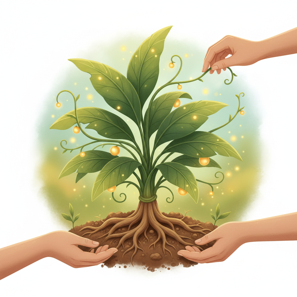 Illustration of hands nurturing a growing plant, symbolizing community scaling and connection