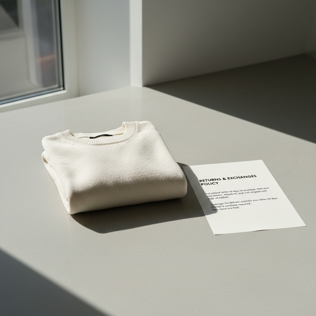 A product package next to a clear, concise returns policy document.