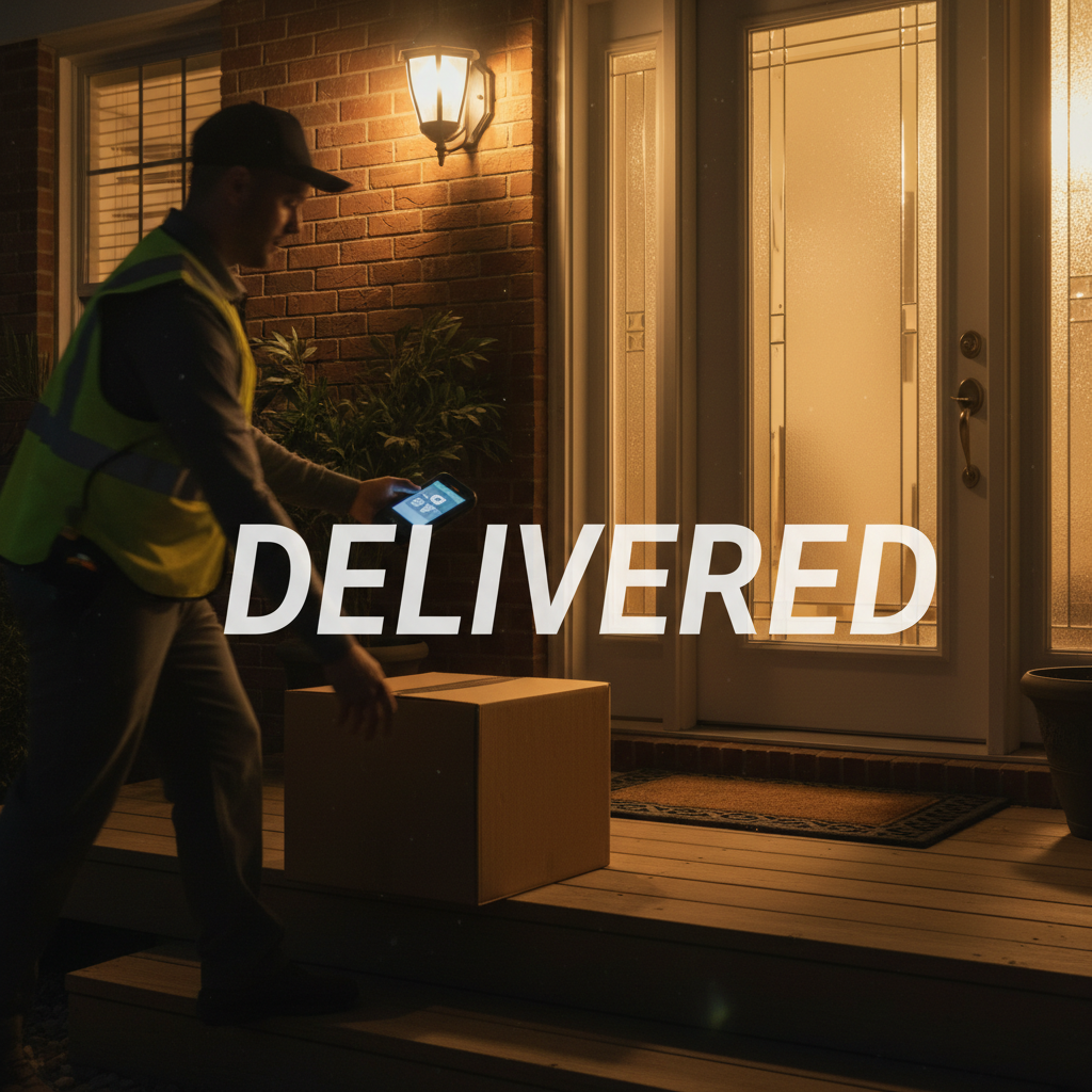 A package being delivered to a doorstep in the late evening, with a warm porch light illuminating the scene. The mood is efficient and timely, photographic style.