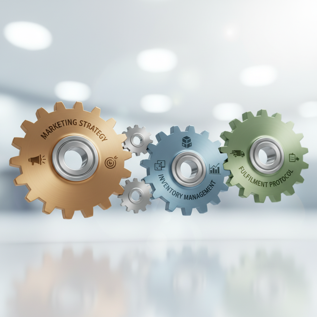 Illustration of interlocking gears labeled marketing, inventory, and fulfillment, symbolizing a synchronized process.