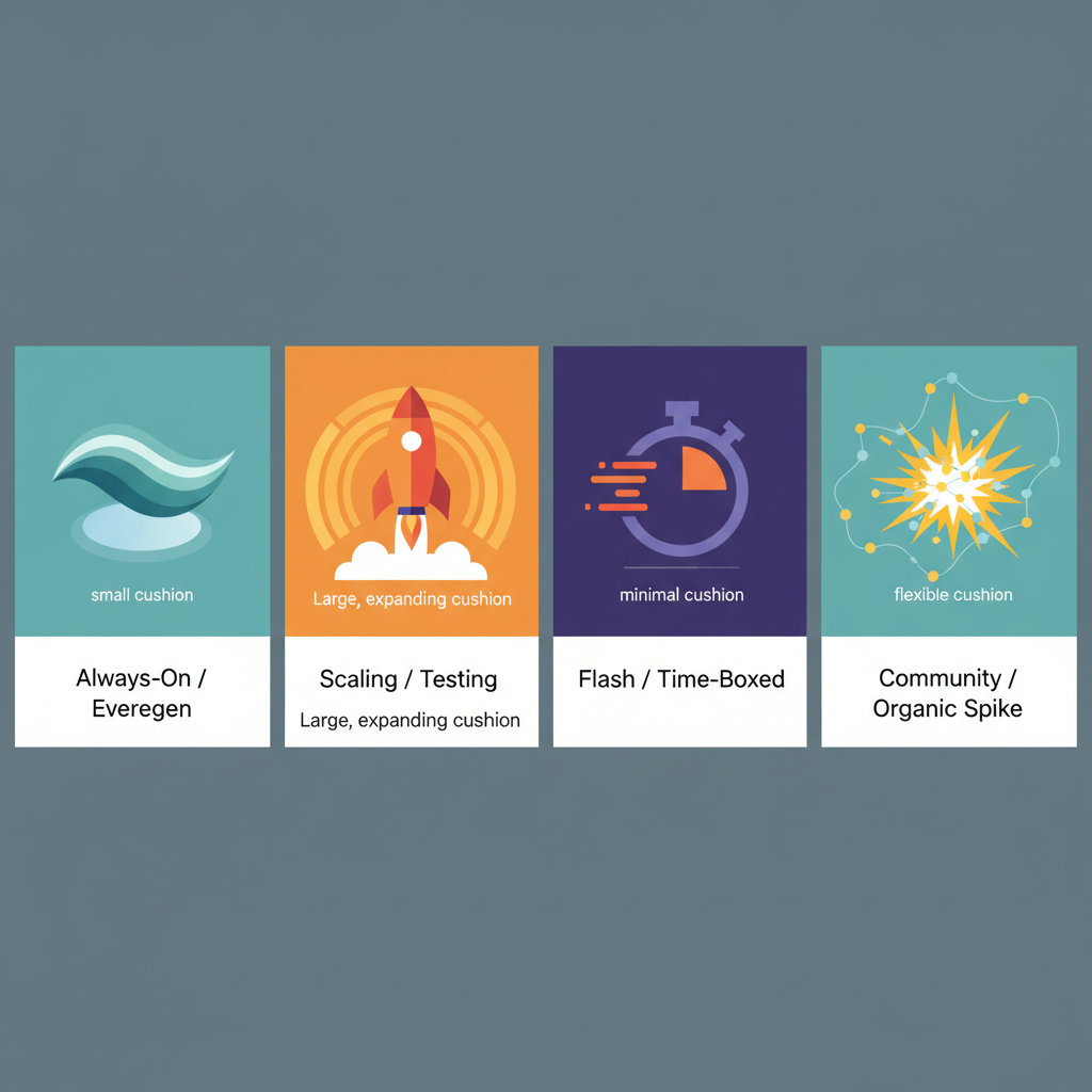 Four abstract icons representing different campaign types with varying buffer rules: evergreen, scaling, flash, and organic spike.