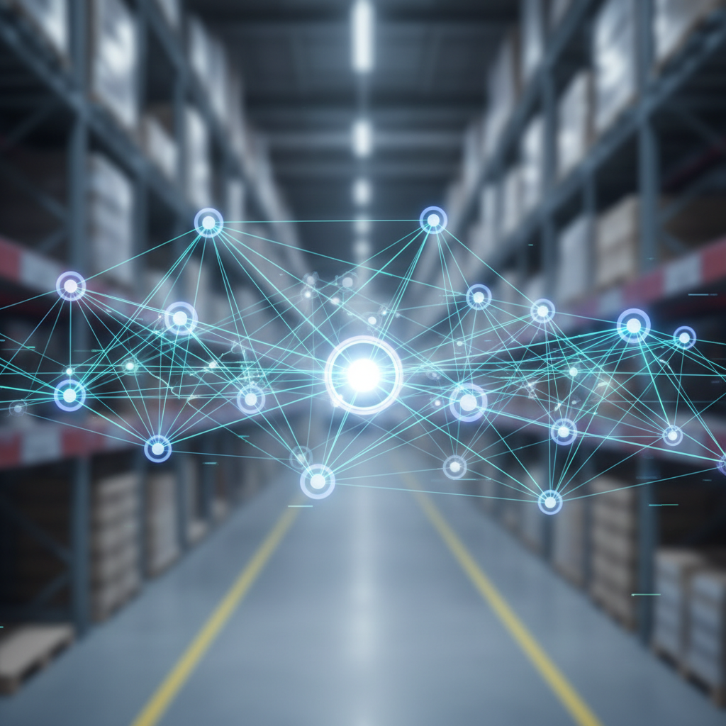 Abstract illustration of interconnected warehouse operations for comprehensive visibility.