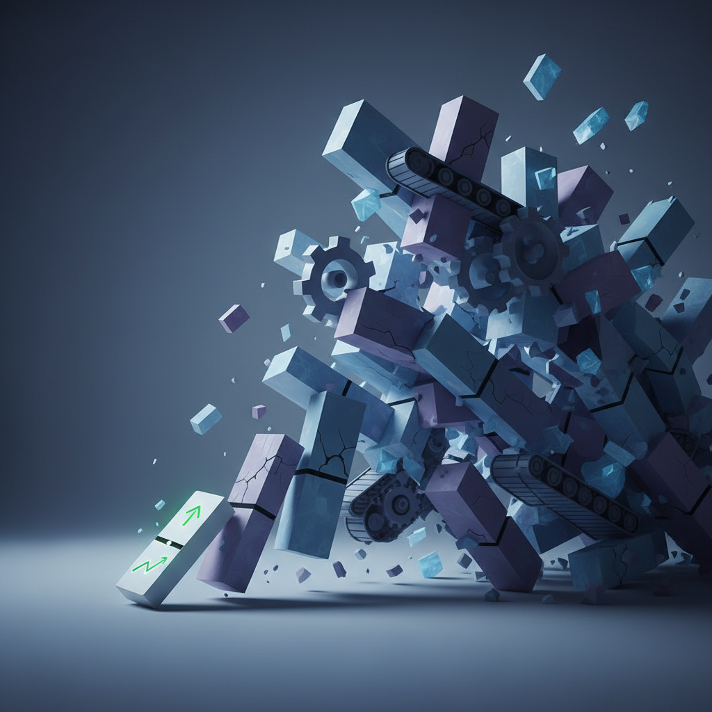 Illustration of a small campaign domino initiating a large, precarious fulfilment domino collapse.