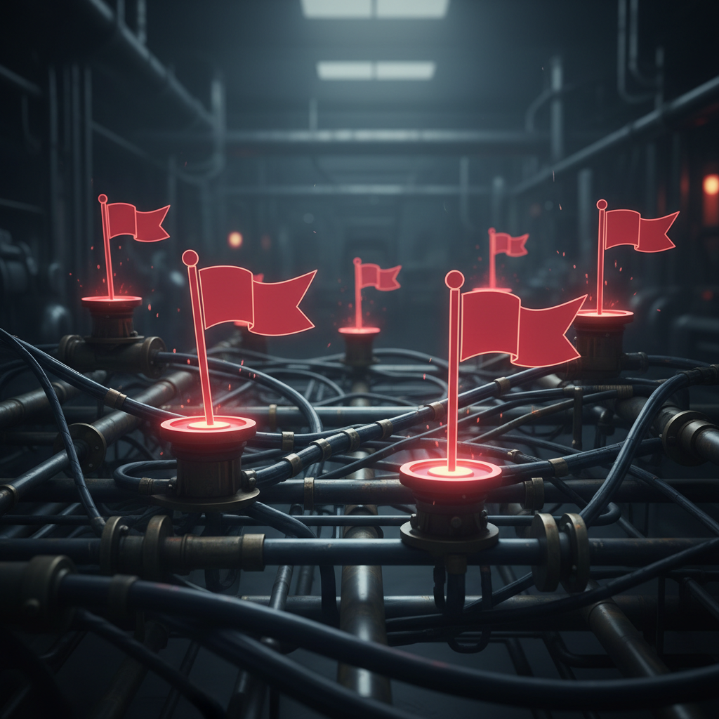 Abstract illustration of red flags emerging from a complex logistics network.
