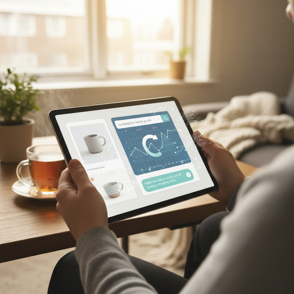 Hands holding a digital device with online shopping interfaces and AI elements, depicting considered purchasing.