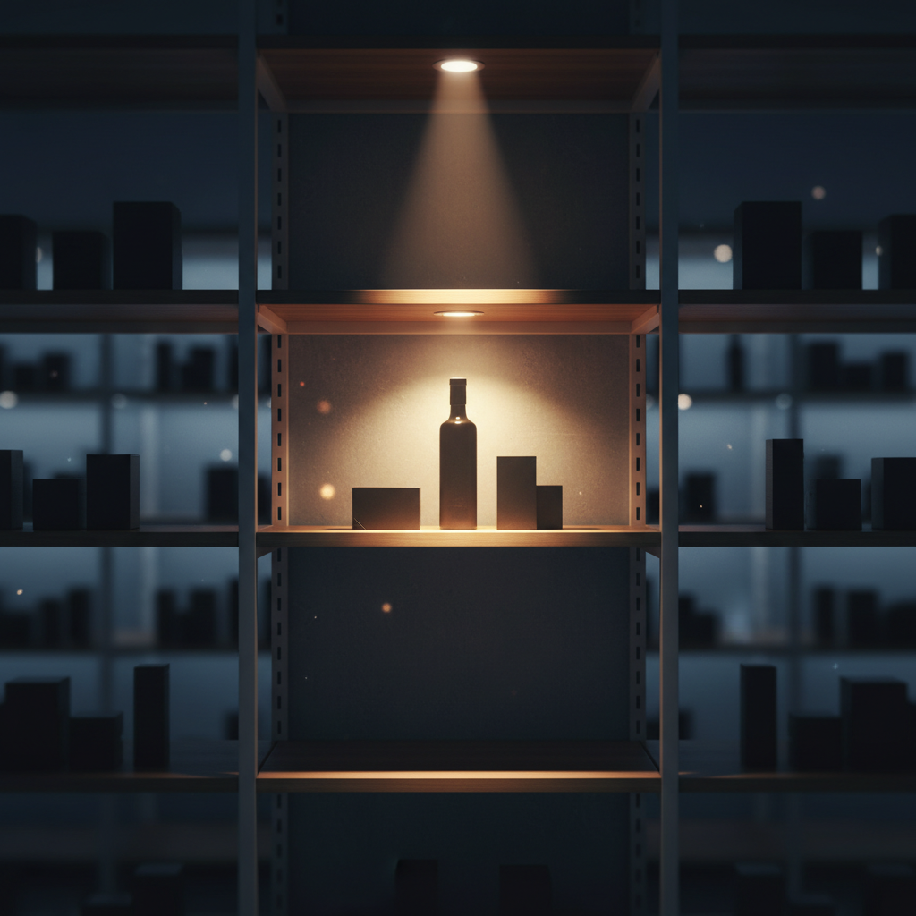 Spotlight on hero products, with many other items in the background on a shelf.