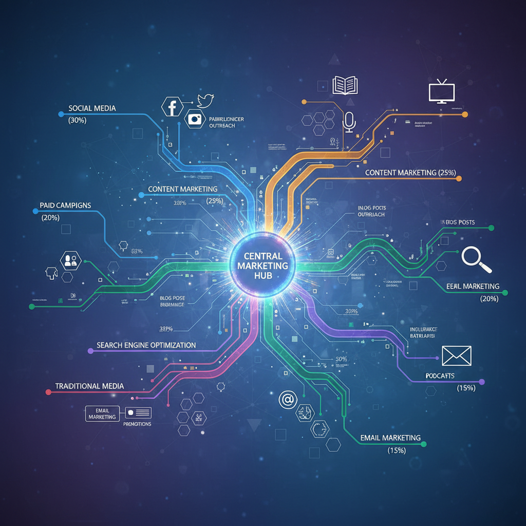 Abstract map illustrating strategic marketing channels and budget allocation.