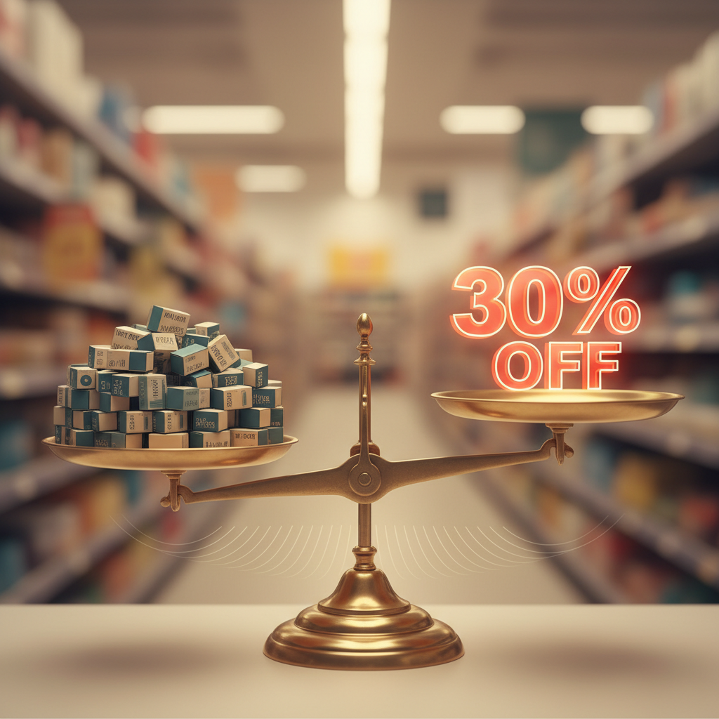 Abstract image of a weighing scale balancing products against a percentage discount sign.