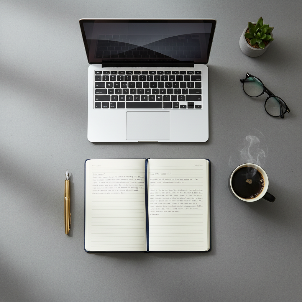Open hardcover notebook with handwritten improvement ideas on a minimal desk