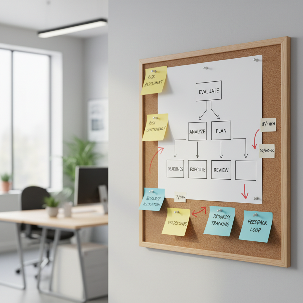 Flowchart diagram on paper pinned to a corkboard next to sticky notes