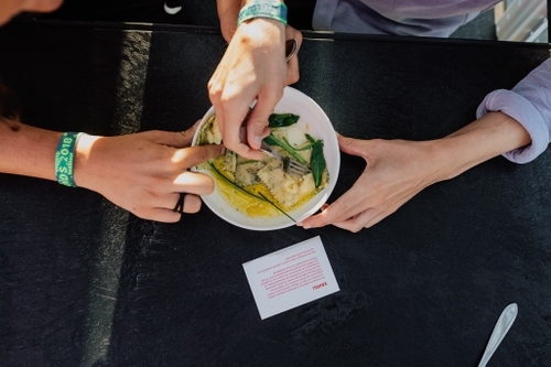 een bord met ravioli met kaas en spinazie met hande