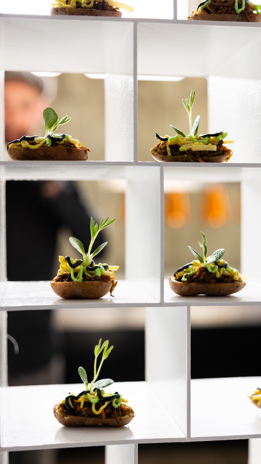 Afbeelding van verschillende kleine gerechtjes in een take-out muur