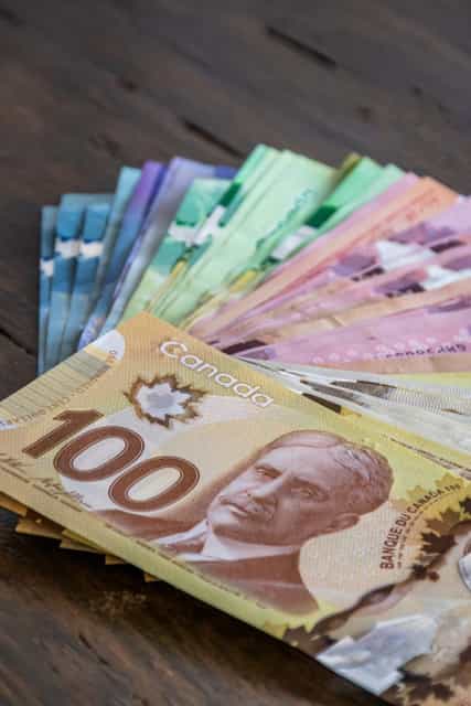 Canadian banknotes fanned out