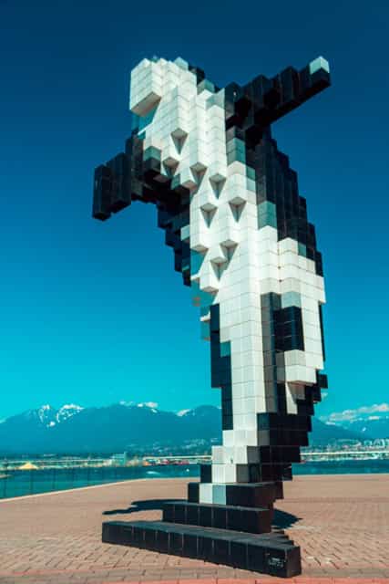 Orca block statue with mountains in the back
