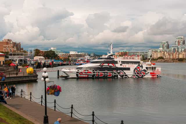 V2V ferry boat docking in the bay in Victoria, BC