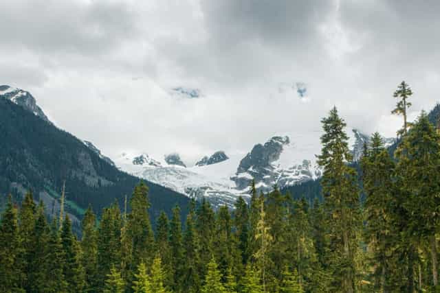 Snow covered mountain in the middle of forest with dramatic clouds
