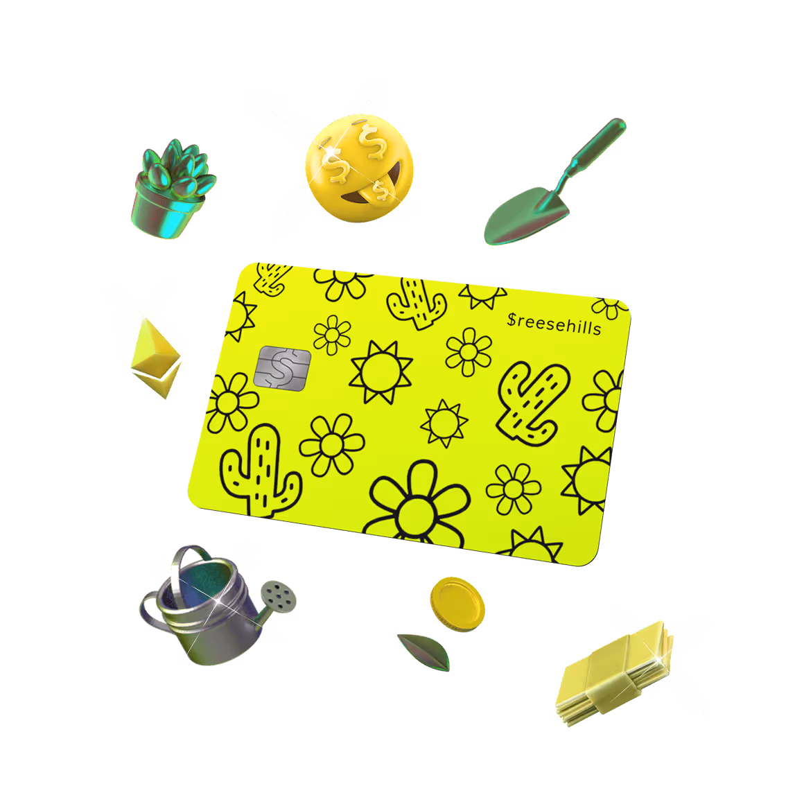 a credit card with objects associated with money and gardening floating around it