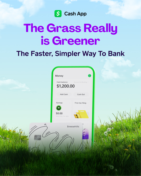 phone and custom debt card in the grass