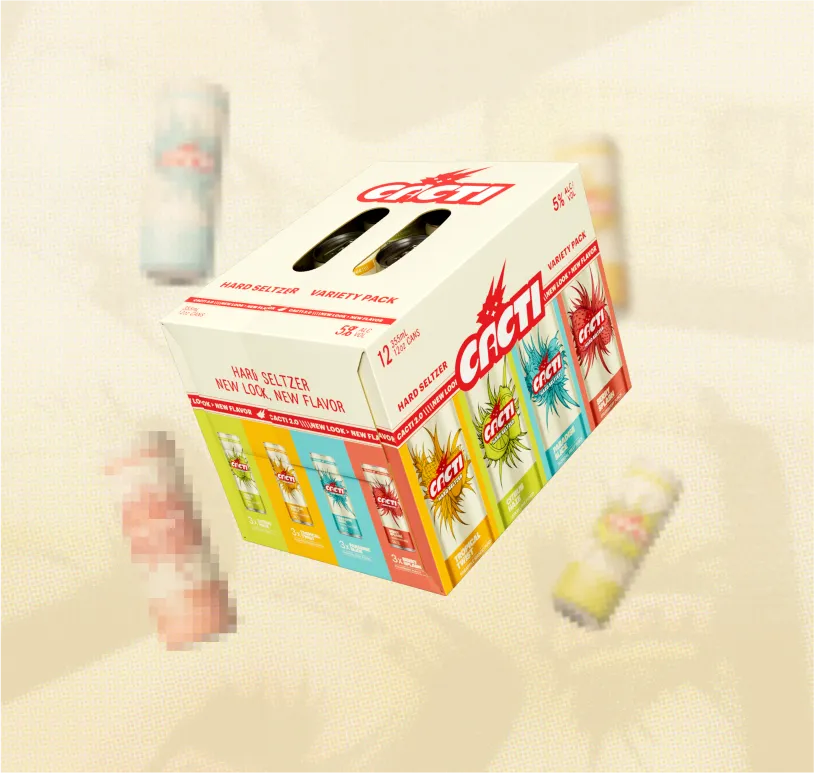 A floating box of  cacti hard seltzer