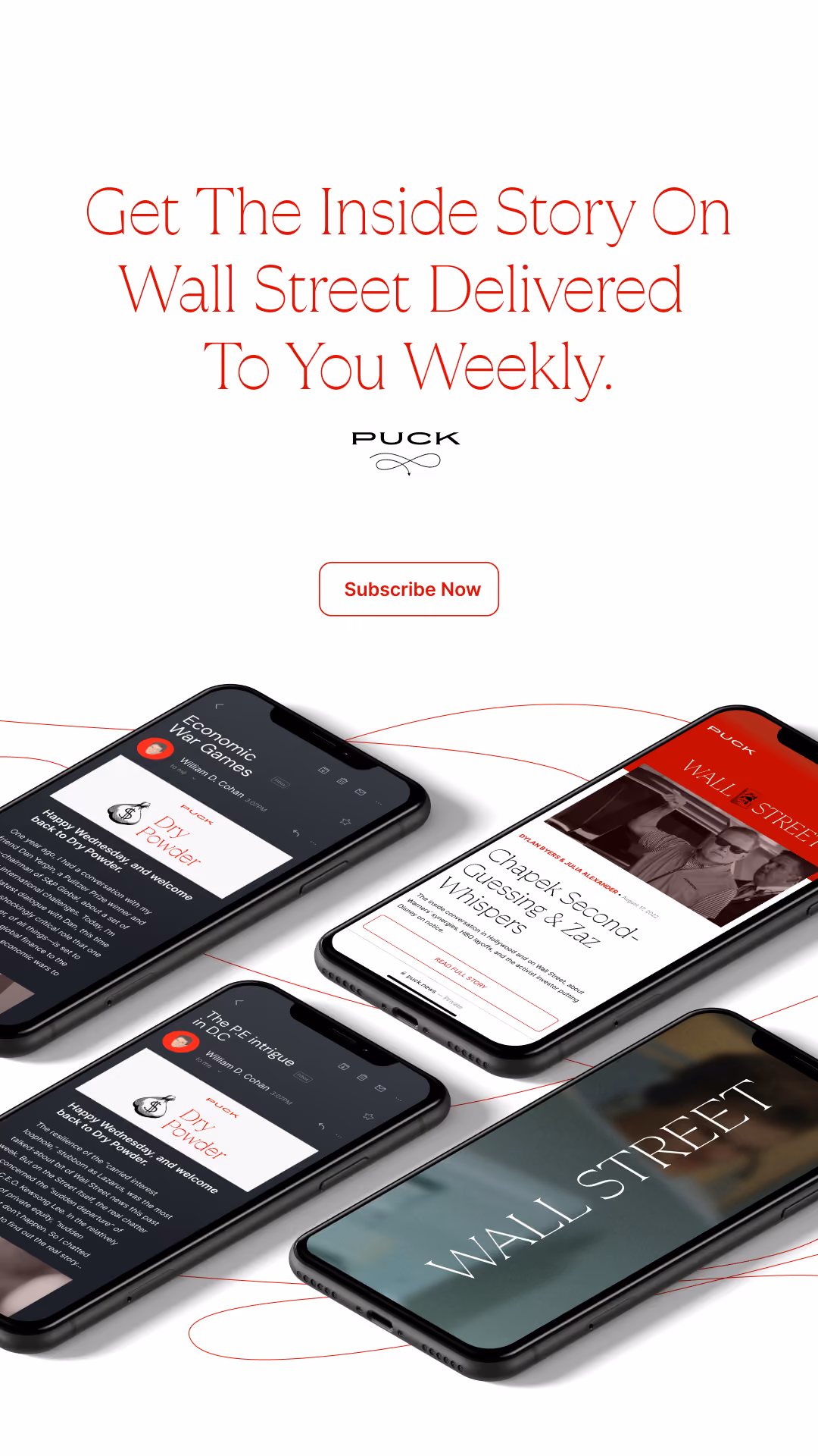 Text offers weekly Wall Street insider stories and shows four phones displaying financial news articles.