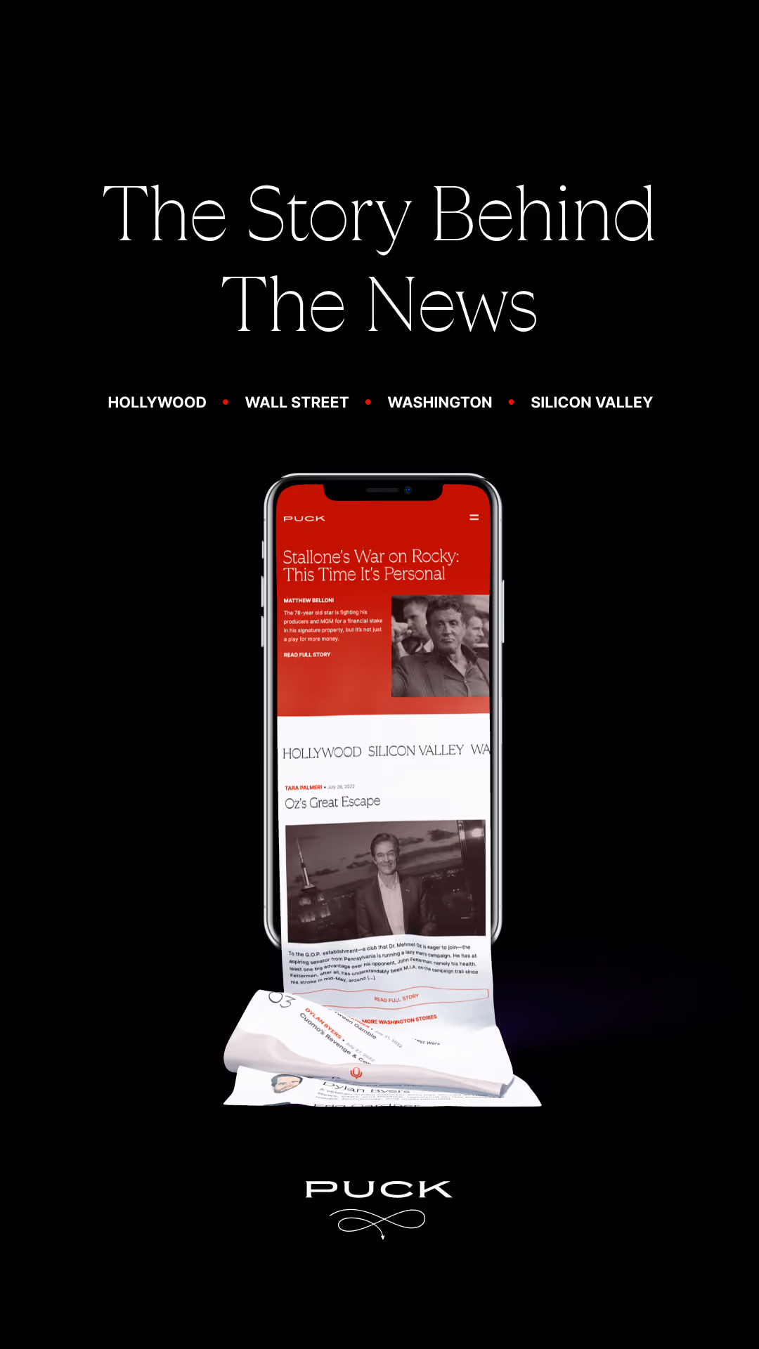 Smartphone displaying news articles with headline, text, and images on a black background with Puck logo.