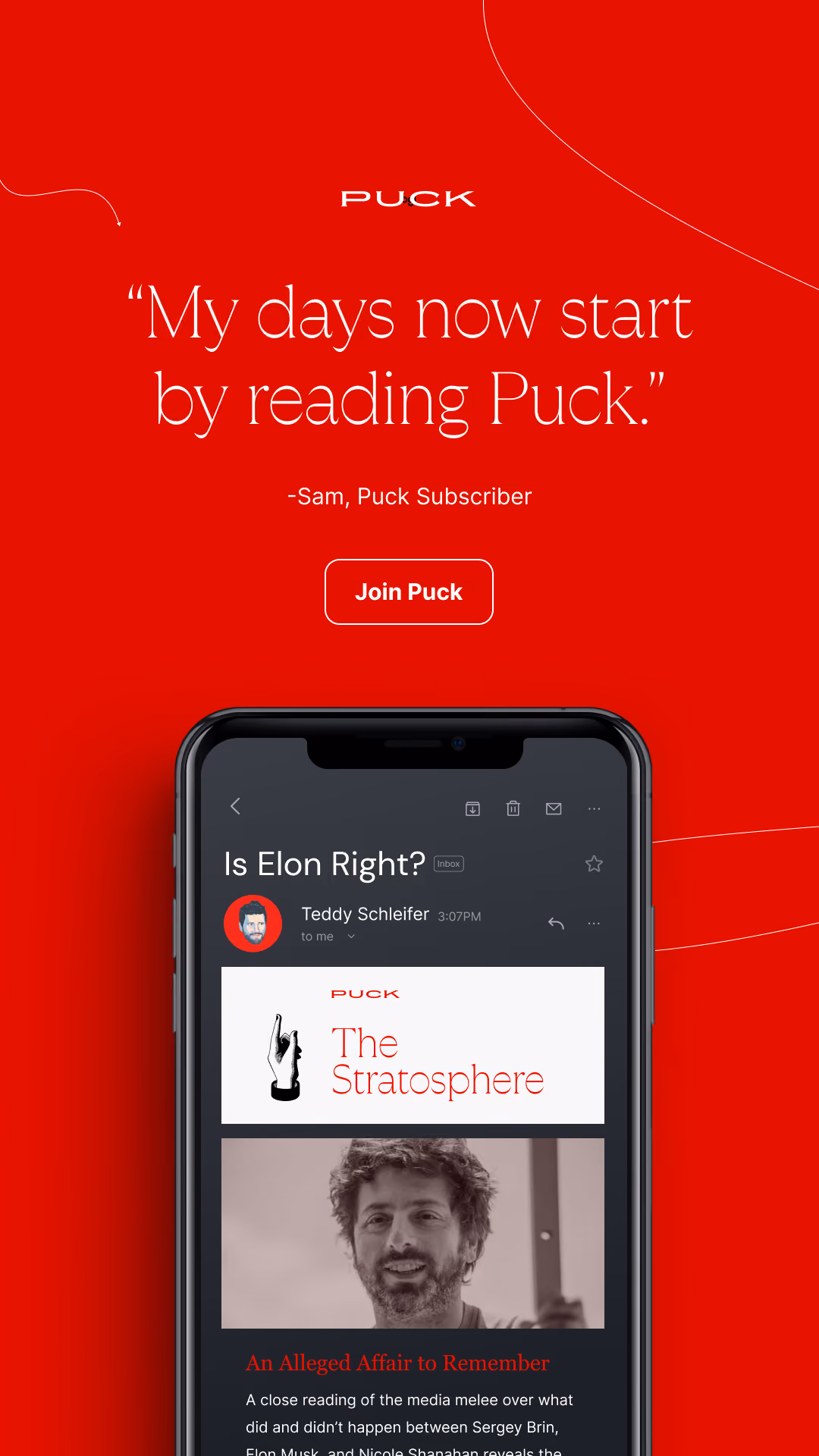 Red background with quote about reading Puck and a phone showing a Puck newsletter email.