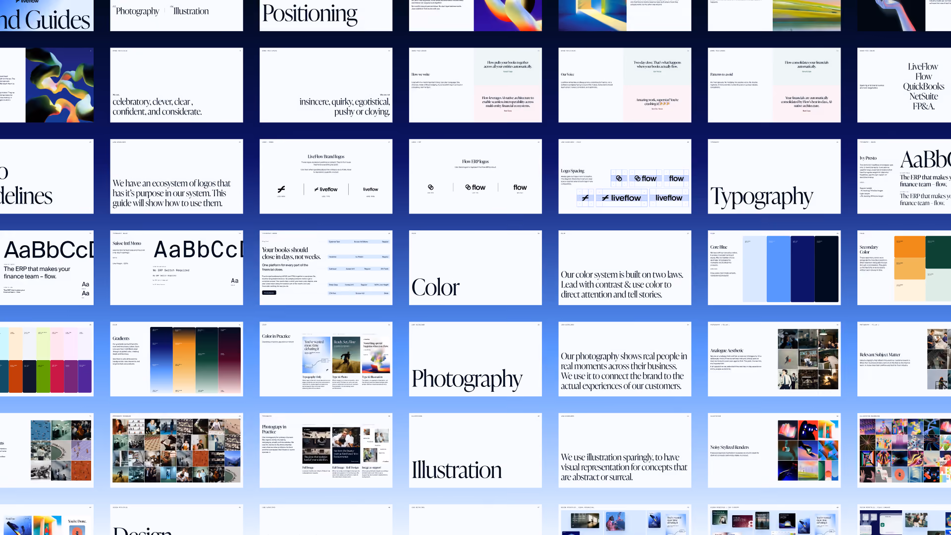 Multiple slides displaying brand guidelines on typography, color, photography, illustration, and logos.