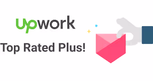 Image with text "Upwork Top Rated Plus!" and vector hand holding a pink badge