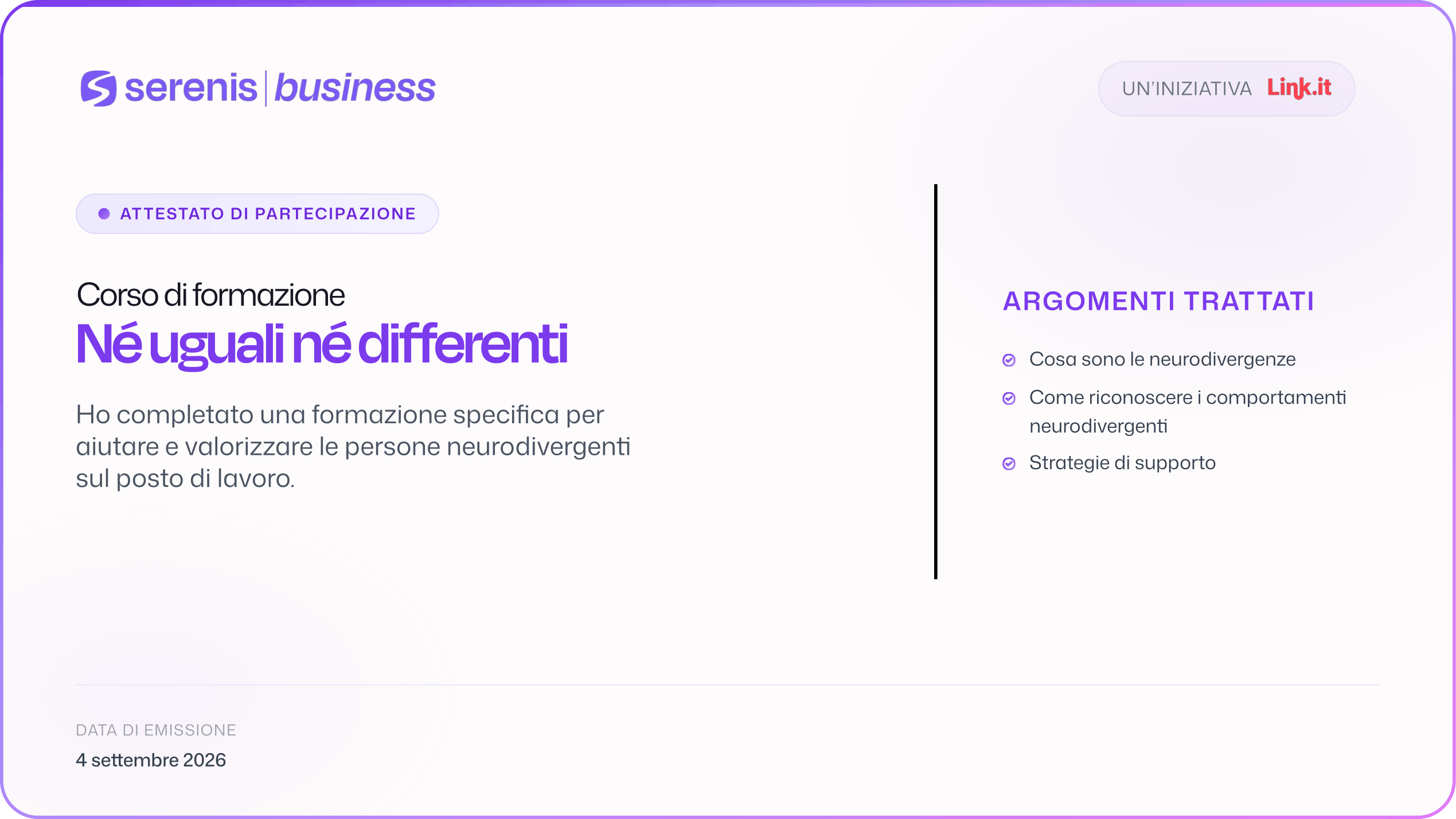 Attestato Serenis Business — Neurodivergenze