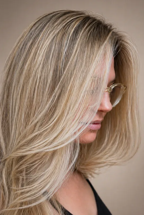 Side profile of a woman with long, highlighted blonde hair in london salon
