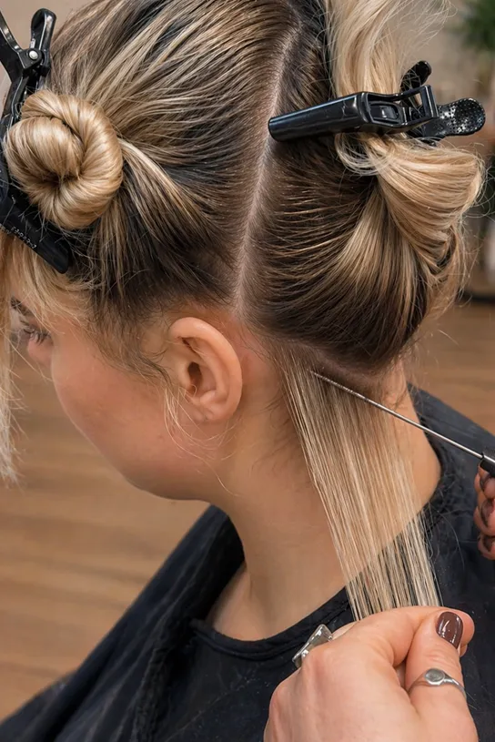 Close-up of a stylist sectioning and combing blonde hair held with clips during a hair highlighting process.