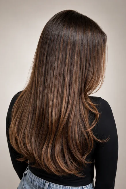 Back view of a women at Bond Hair salon with long, straight brown balayage and lighter highlights.