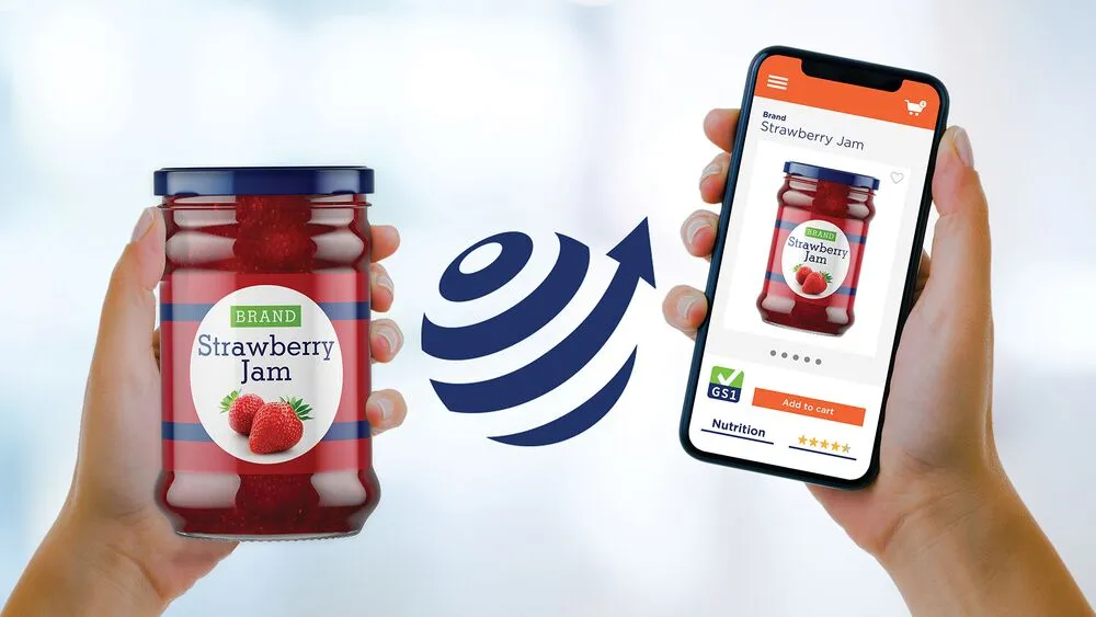 A hand holding a jar of strawberry jam with a digital icon in between, next to a hand holding a smartphone displaying the same jar and an online store page.