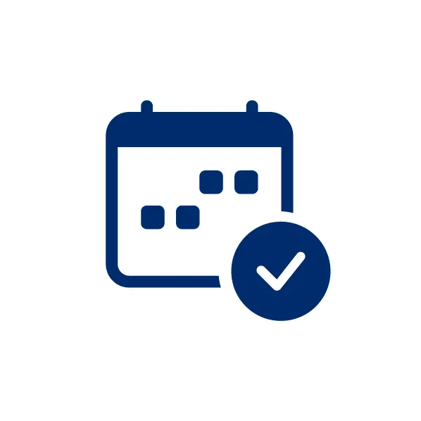 Kalenderikon med markerede datoer og et flueben i en cirkel, symboliserer bekræftede planlagte begivenheder.