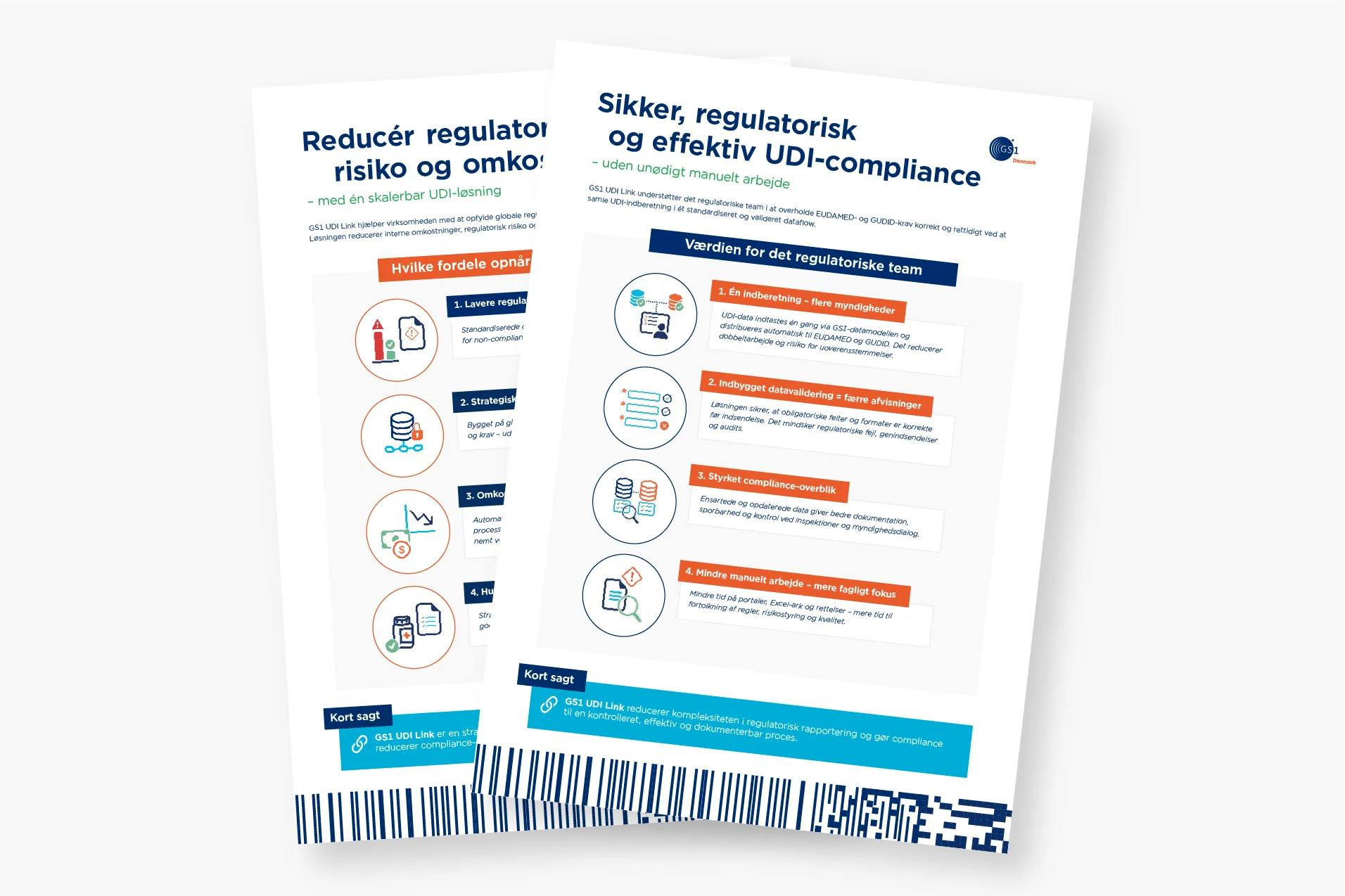 To informationsark om GS1 UDI Link, der beskriver hvordan man opnår sikker, regulatorisk og effektiv UDI-compliance med fordele for det regulatoriske team og reducerede risici og omkostninger.