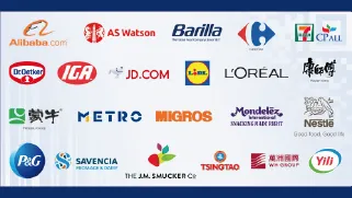 Logos of various international brands, including Alibaba, AS Watson, Barilla, Carrefour, 7-Eleven, Dr. Oetker, IGA, JD.com, Lidl, L'Oréal, Metro, Migros, Mondelēz International, Nestlé, P&G, Savencia, The J.M. Smucker Company, Tsingtao, Yili, and others.