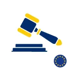 Dommerhammer over podie med EU-flag i nederste højre hjørne.